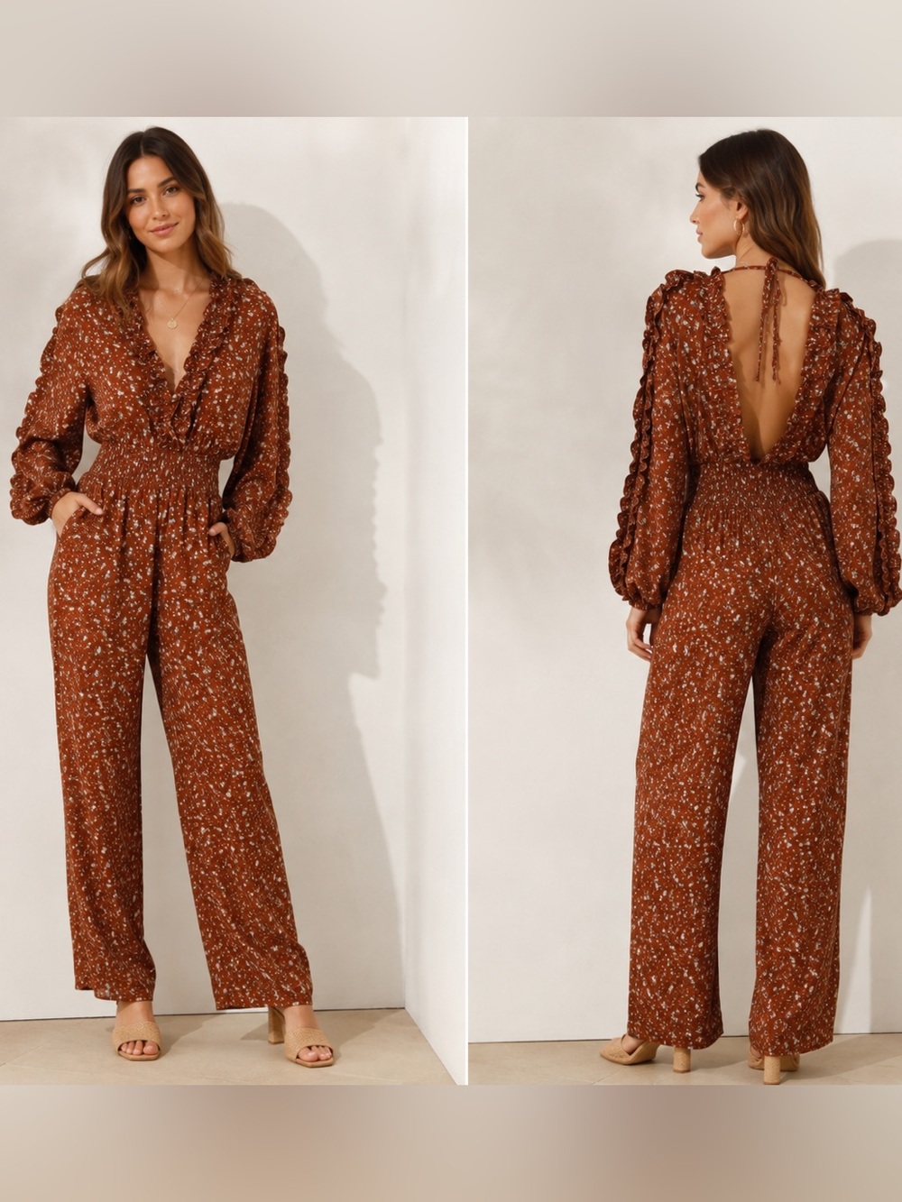 Storia Anthropologie Brown Floral Ruffle Open Back Jumpsuit Size Small
